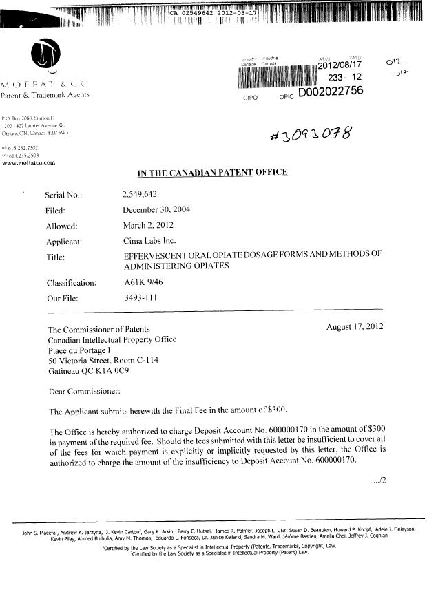 Document de brevet canadien 2549642. Correspondance 20120817. Image 1 de 2
