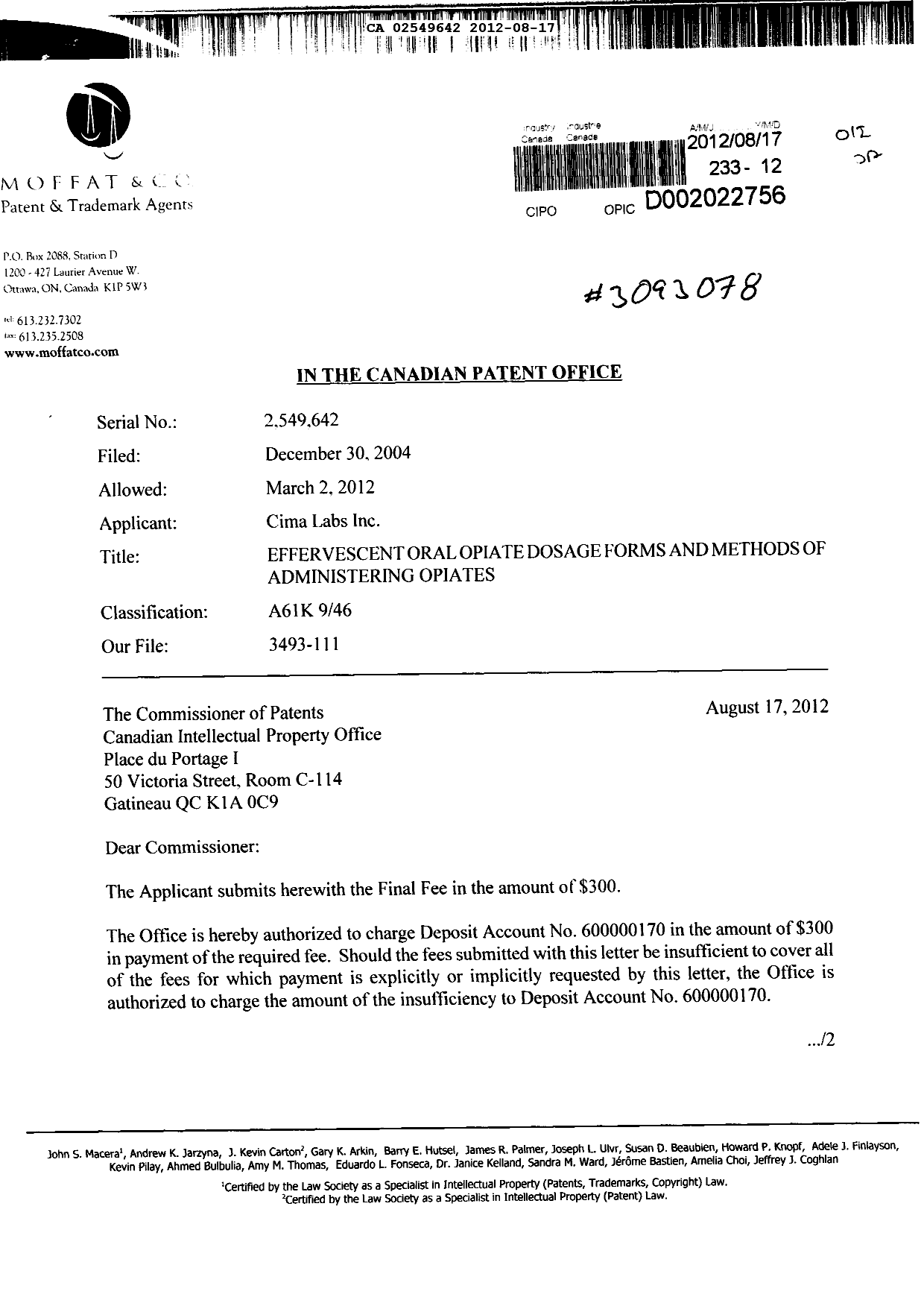 Canadian Patent Document 2549642. Correspondence 20120817. Image 1 of 2