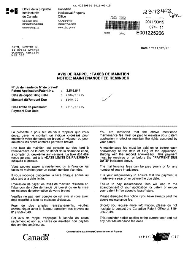 Canadian Patent Document 2549844. Fees 20101215. Image 1 of 1
