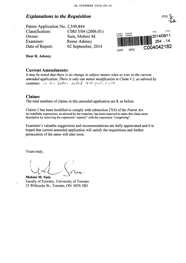 Document de brevet canadien 2549844. Poursuite-Amendment 20131211. Image 1 de 7