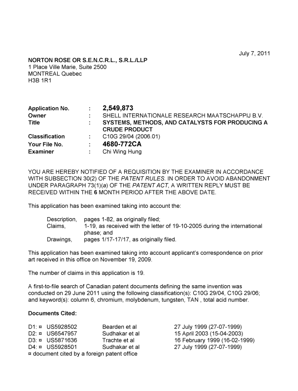 Document de brevet canadien 2549873. Poursuite-Amendment 20110707. Image 1 de 4