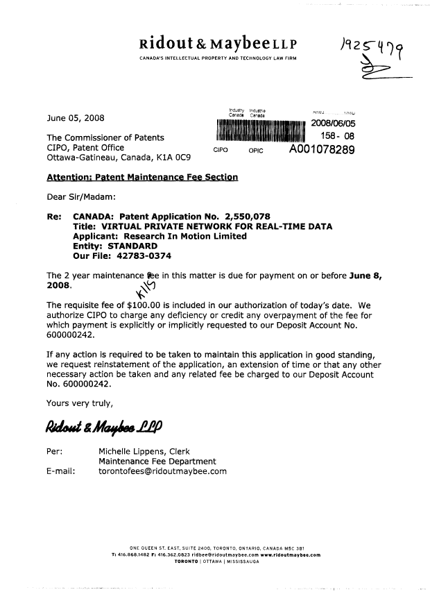 Document de brevet canadien 2550078. Taxes 20071205. Image 1 de 1