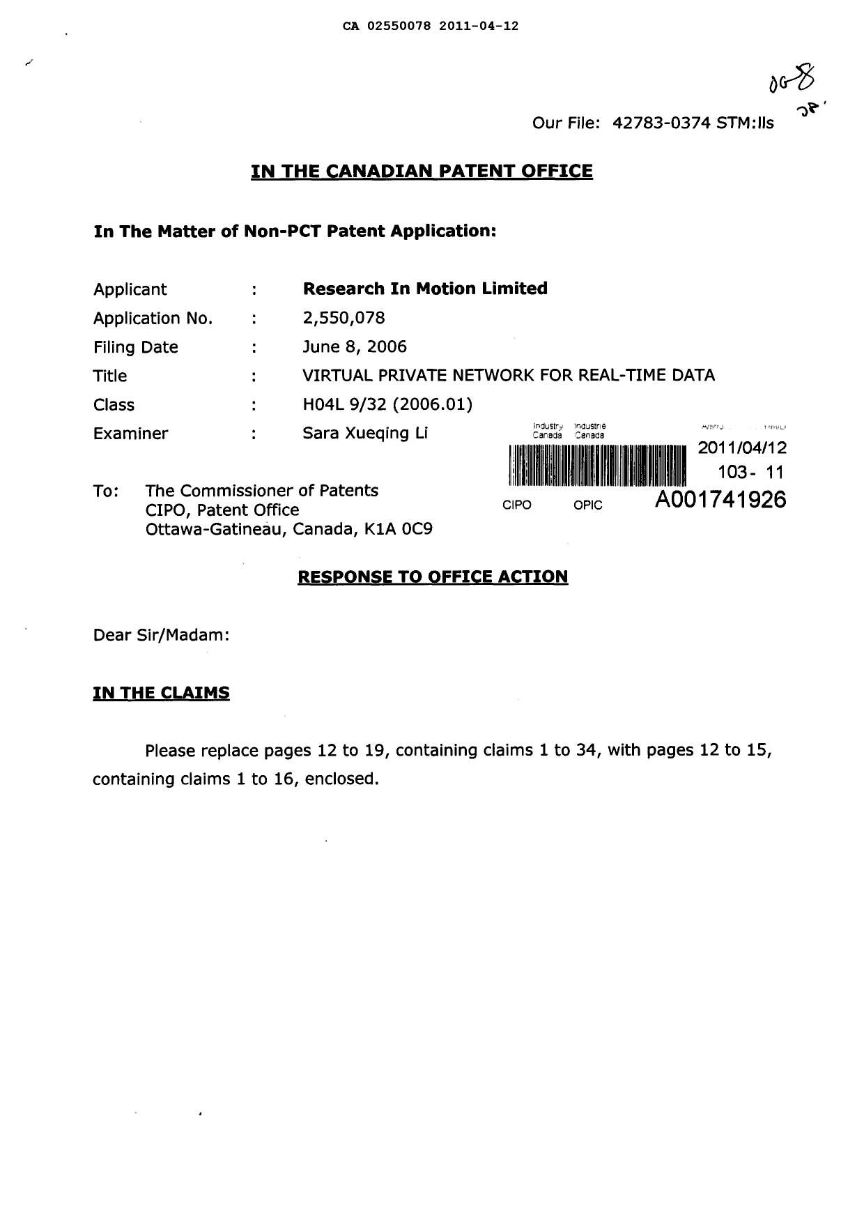 Document de brevet canadien 2550078. Poursuite-Amendment 20101212. Image 1 de 6