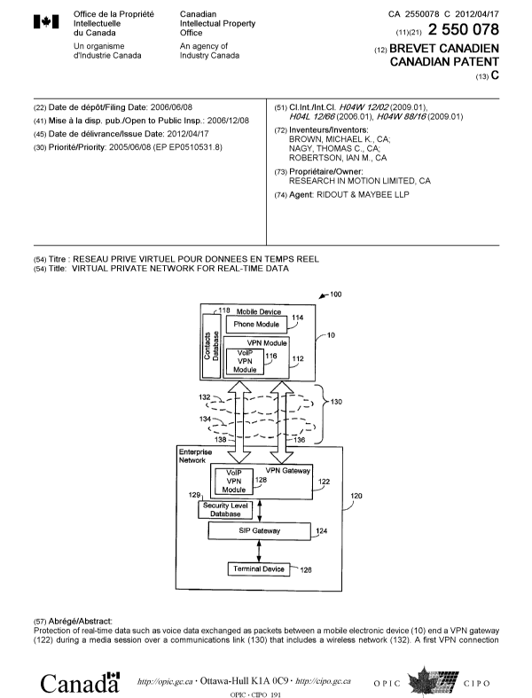 Document de brevet canadien 2550078. Page couverture 20111221. Image 1 de 2