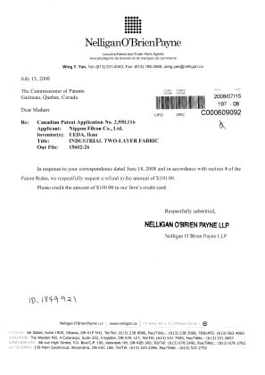 Canadian Patent Document 2550116. Correspondence 20080715. Image 1 of 1