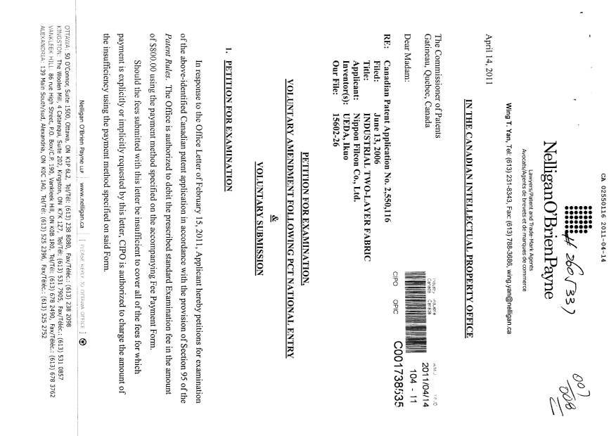 Canadian Patent Document 2550116. Prosecution-Amendment 20110414. Image 1 of 7