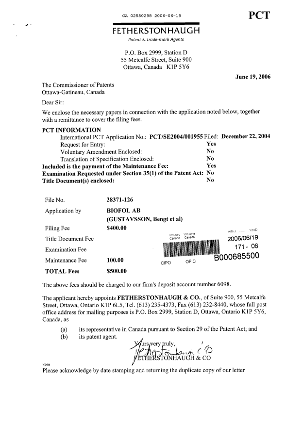 Document de brevet canadien 2550298. Cession 20060619. Image 1 de 2