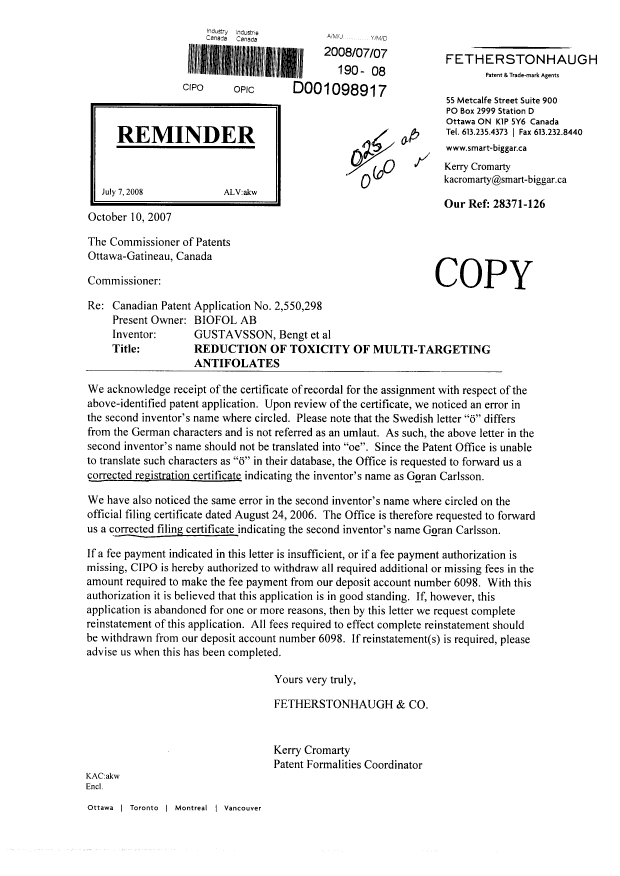 Document de brevet canadien 2550298. Correspondance 20080707. Image 1 de 1