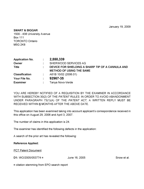 Document de brevet canadien 2550339. Poursuite-Amendment 20090119. Image 1 de 4