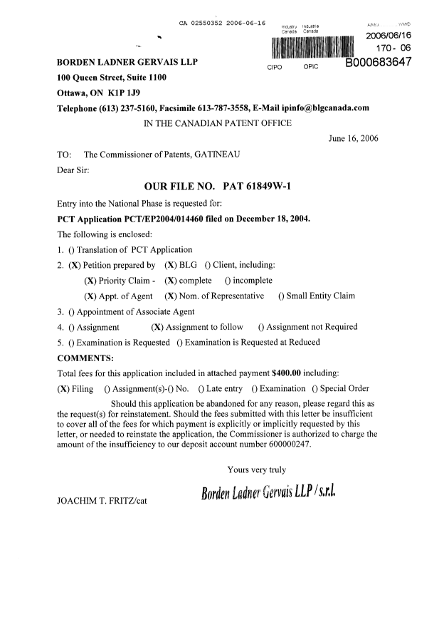 Canadian Patent Document 2550352. Assignment 20051216. Image 1 of 3