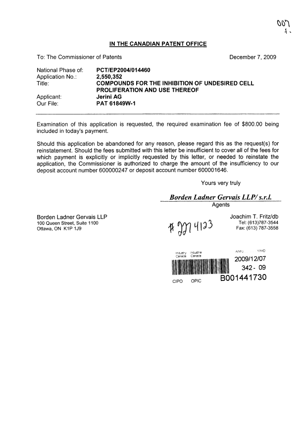Canadian Patent Document 2550352. Prosecution-Amendment 20081207. Image 1 of 1