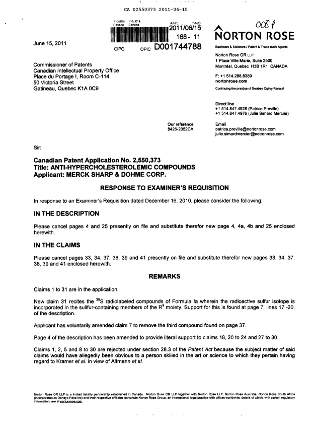 Canadian Patent Document 2550373. Prosecution-Amendment 20110615. Image 1 of 13