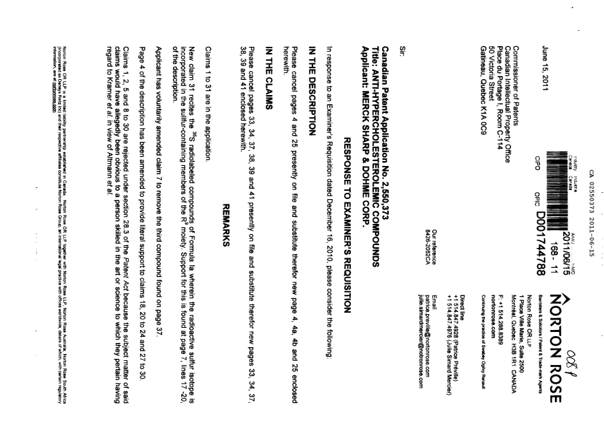 Document de brevet canadien 2550373. Poursuite-Amendment 20110615. Image 1 de 13