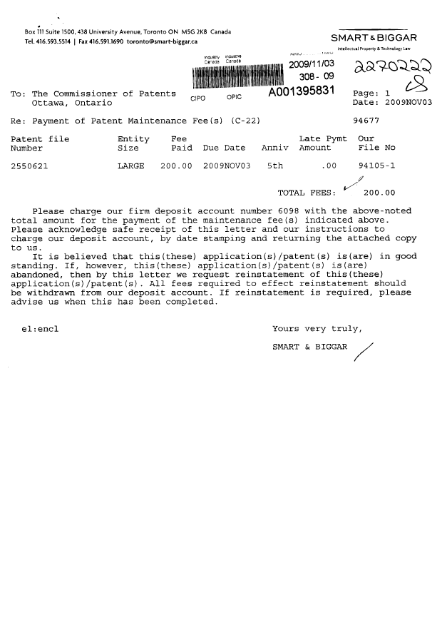 Document de brevet canadien 2550621. Taxes 20091103. Image 1 de 1