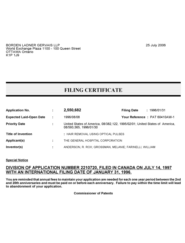Canadian Patent Document 2550682. Correspondence 20051225. Image 1 of 1