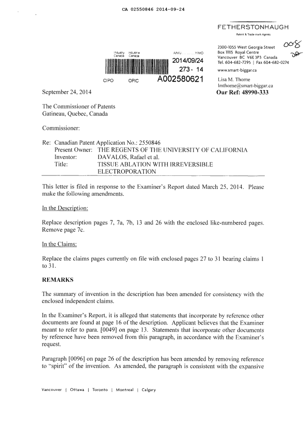 Canadian Patent Document 2550846. Prosecution-Amendment 20140924. Image 1 of 14