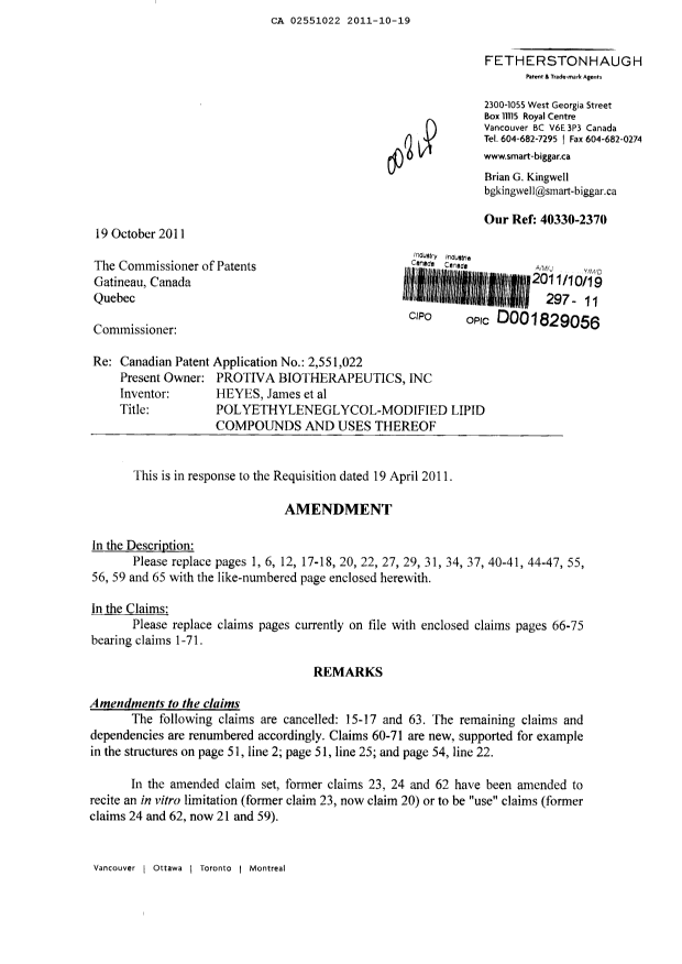 Canadian Patent Document 2551022. Prosecution-Amendment 20101219. Image 1 of 48