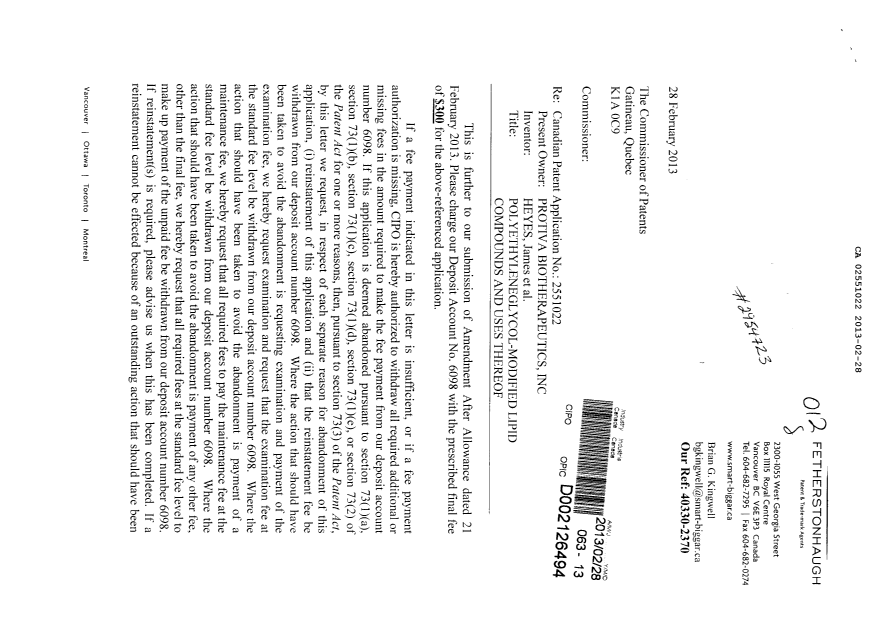 Document de brevet canadien 2551022. Correspondance 20121228. Image 1 de 2
