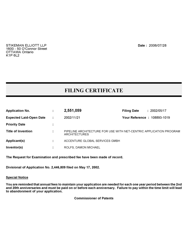 Document de brevet canadien 2551059. Correspondance 20060728. Image 1 de 1