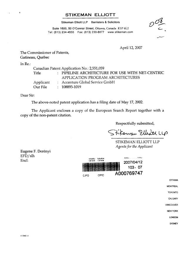 Document de brevet canadien 2551059. Poursuite-Amendment 20070412. Image 1 de 1