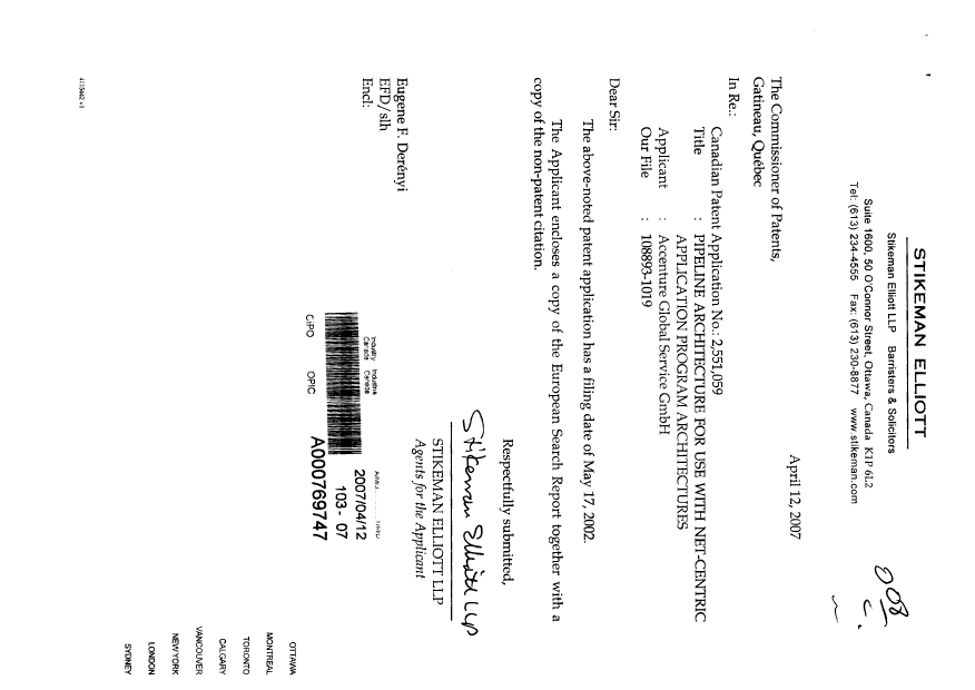 Canadian Patent Document 2551059. Prosecution-Amendment 20070412. Image 1 of 1