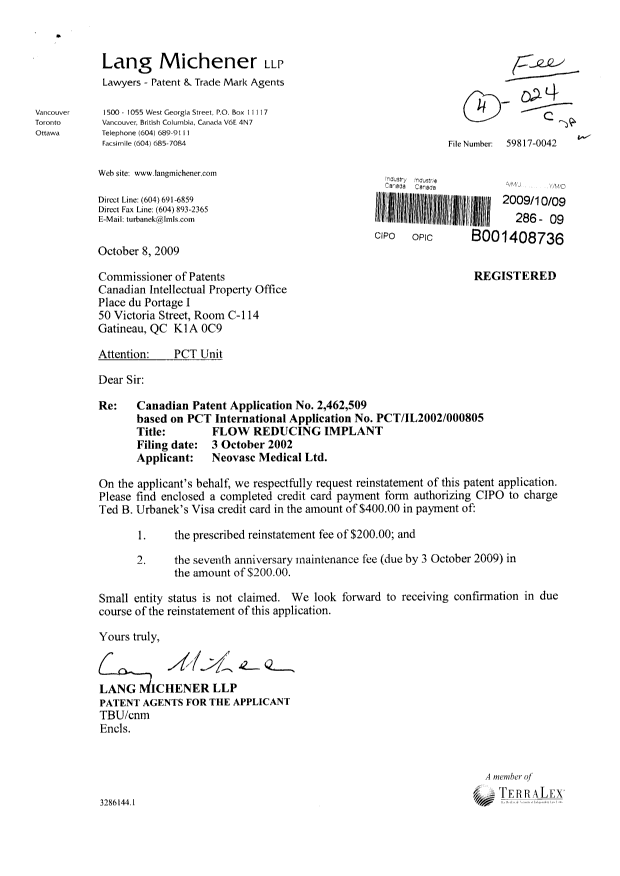 Document de brevet canadien 2551081. Correspondance 20091009. Image 1 de 4