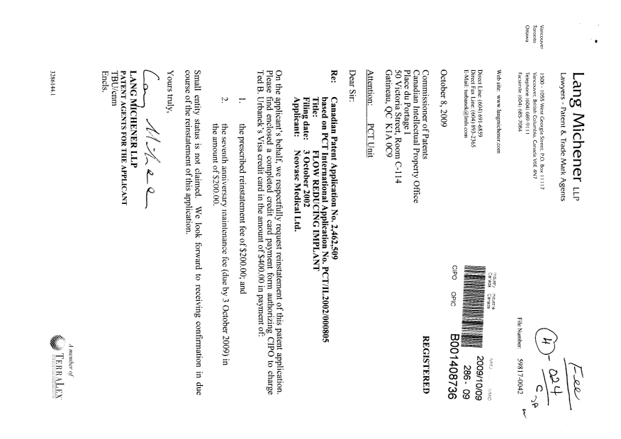 Document de brevet canadien 2551081. Correspondance 20091009. Image 1 de 4