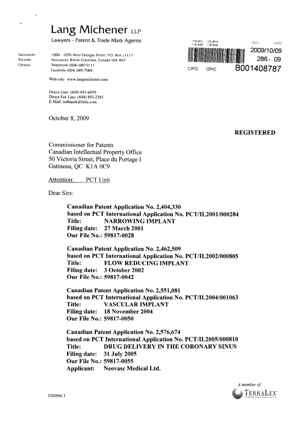 Document de brevet canadien 2551081. Correspondance 20091009. Image 2 de 4