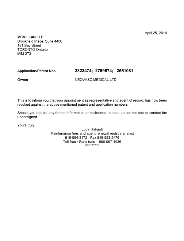 Document de brevet canadien 2551081. Correspondance 20140425. Image 1 de 1