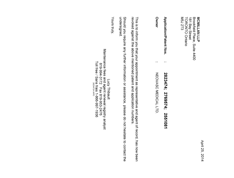 Document de brevet canadien 2551081. Correspondance 20140425. Image 1 de 1