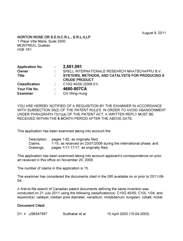 Canadian Patent Document 2551091. Prosecution-Amendment 20110809. Image 1 of 3