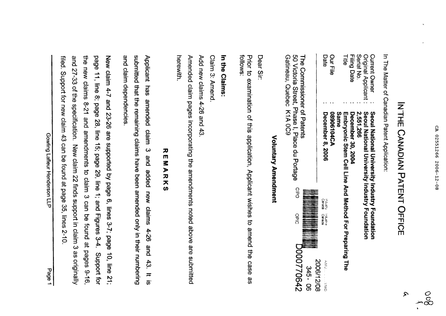 Document de brevet canadien 2551266. Poursuite-Amendment 20051208. Image 1 de 11