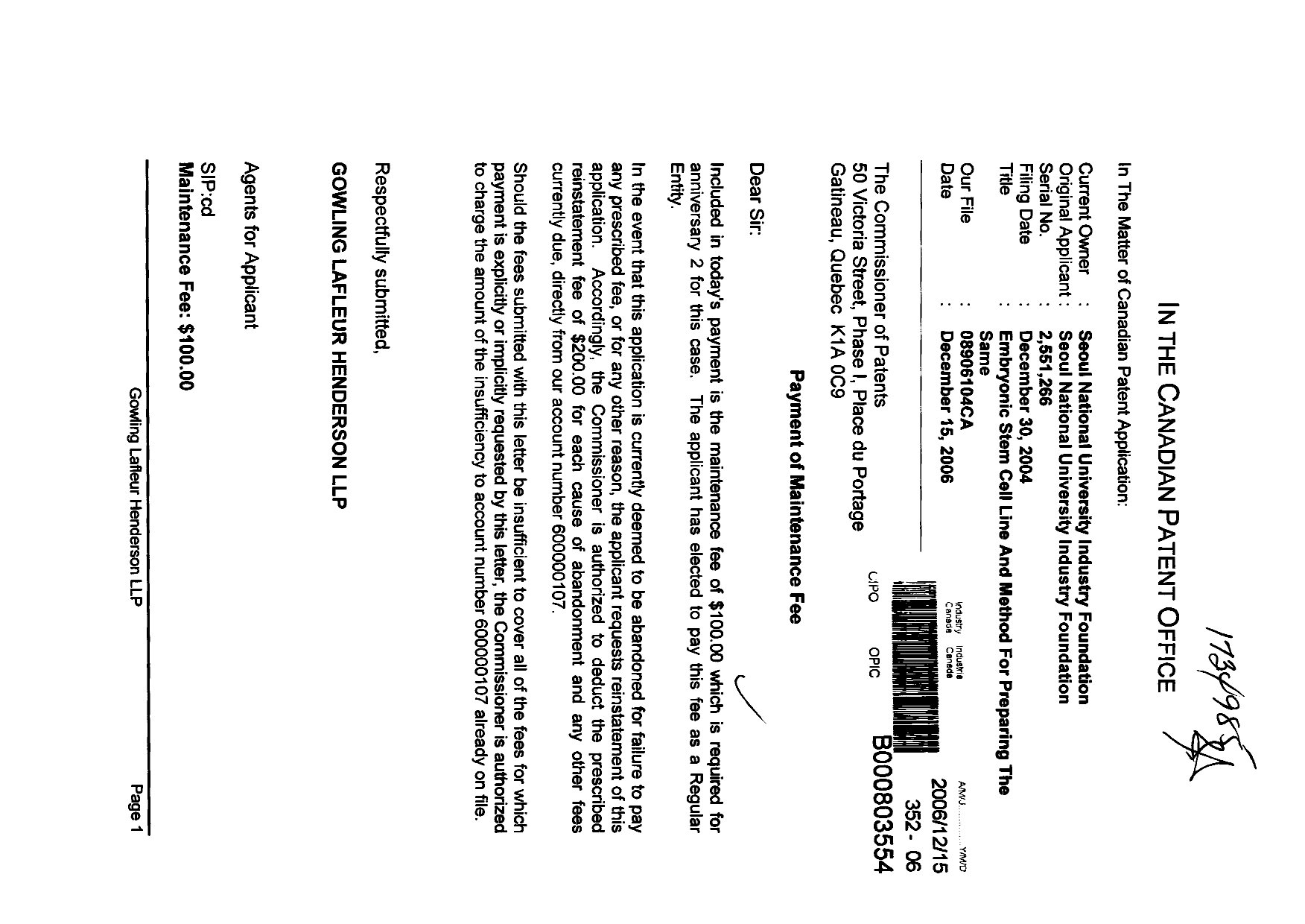 Document de brevet canadien 2551266. Taxes 20051215. Image 1 de 1