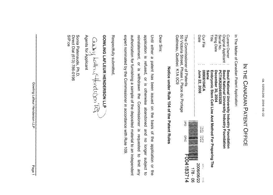 Canadian Patent Document 2551266. Prosecution-Amendment 20051222. Image 1 of 1