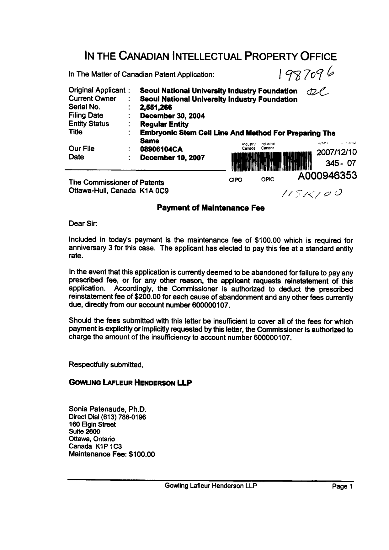 Document de brevet canadien 2551266. Taxes 20061210. Image 1 de 1