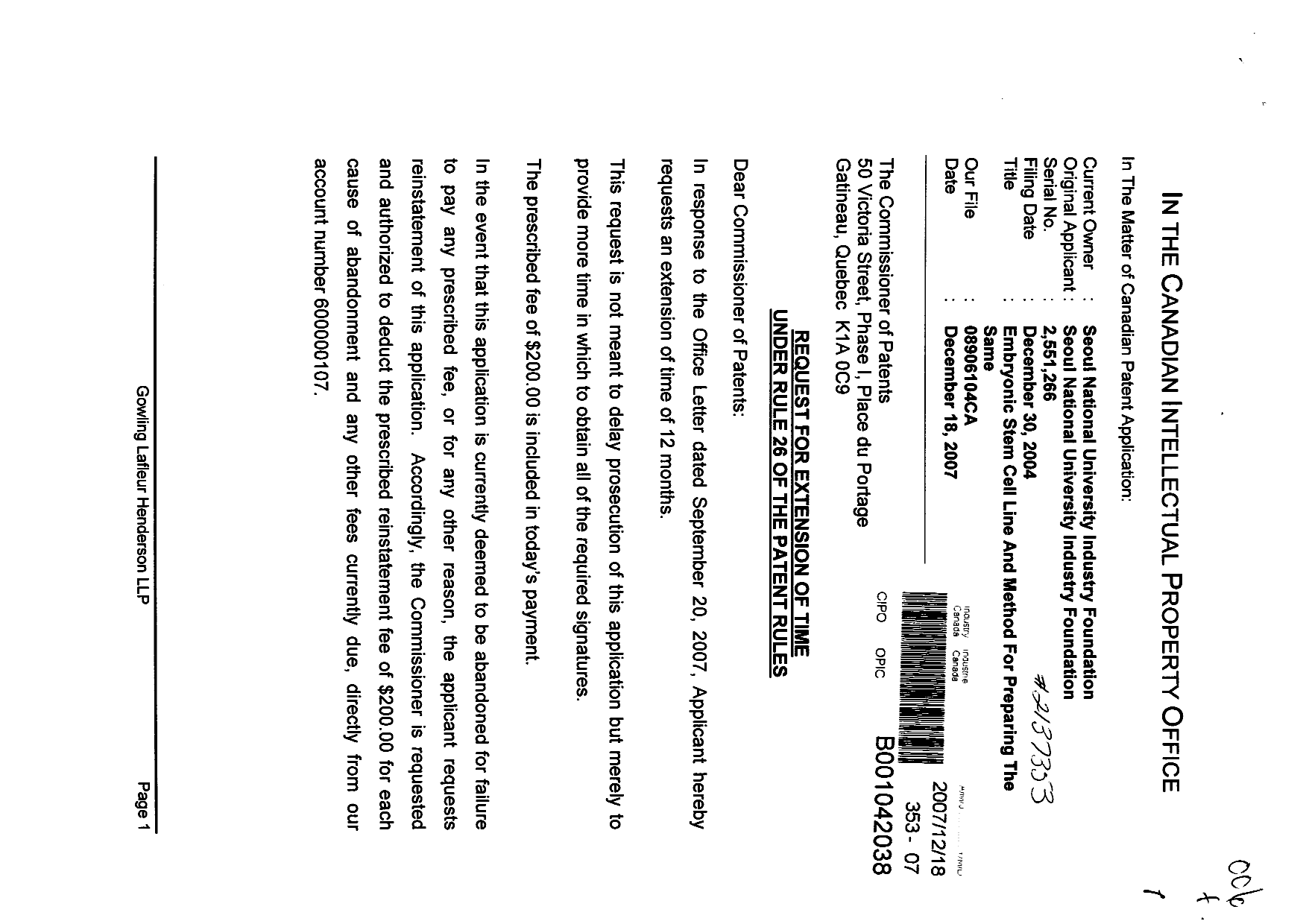 Document de brevet canadien 2551266. Correspondance 20061218. Image 1 de 2