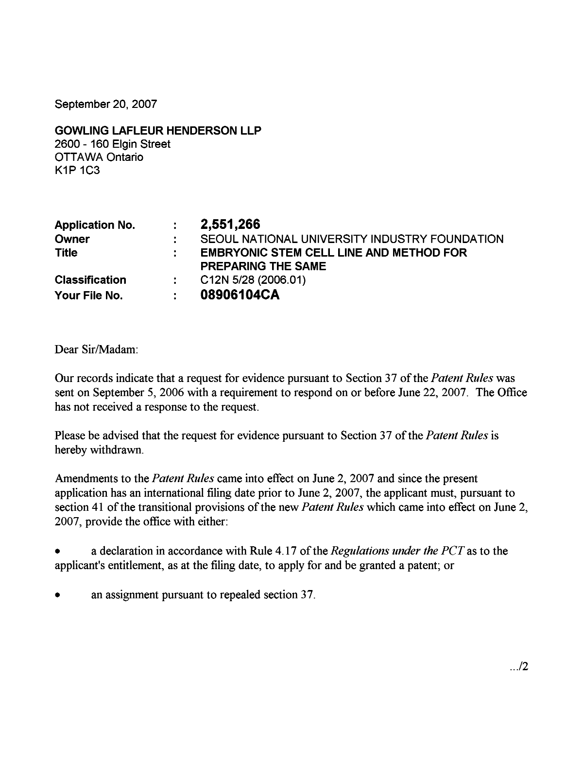 Canadian Patent Document 2551266. Correspondence 20061220. Image 1 of 2