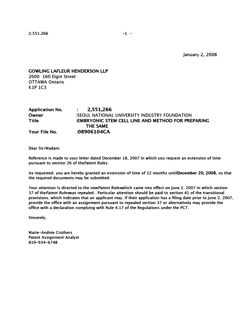 Canadian Patent Document 2551266. Correspondence 20071202. Image 1 of 1