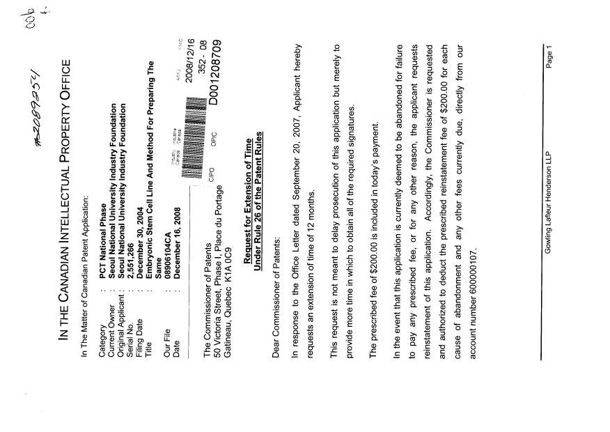 Document de brevet canadien 2551266. Correspondance 20071216. Image 1 de 2