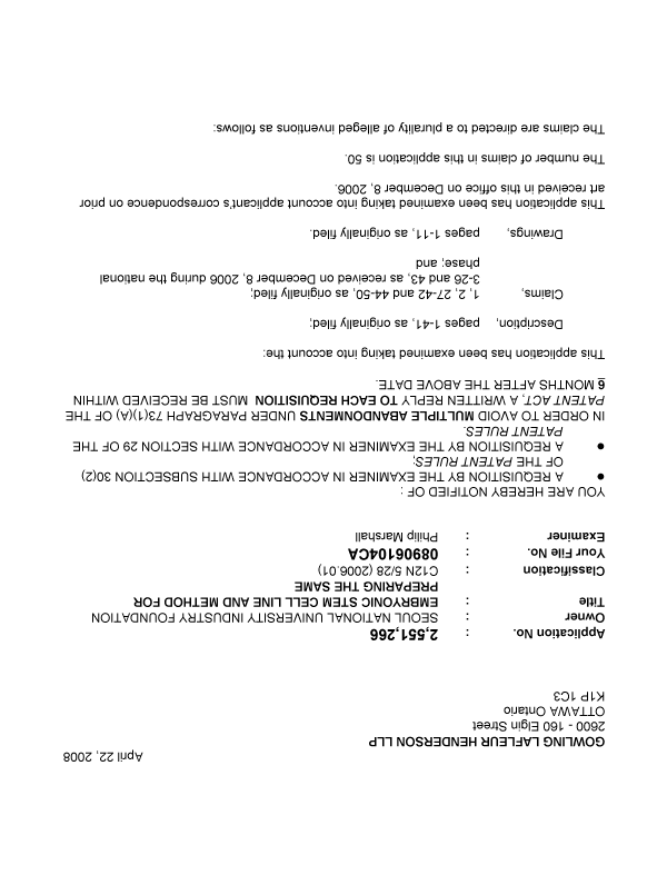 Canadian Patent Document 2551266. Prosecution-Amendment 20071222. Image 1 of 5