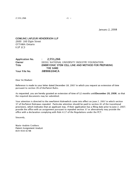 Document de brevet canadien 2551266. Correspondance 20080102. Image 1 de 1