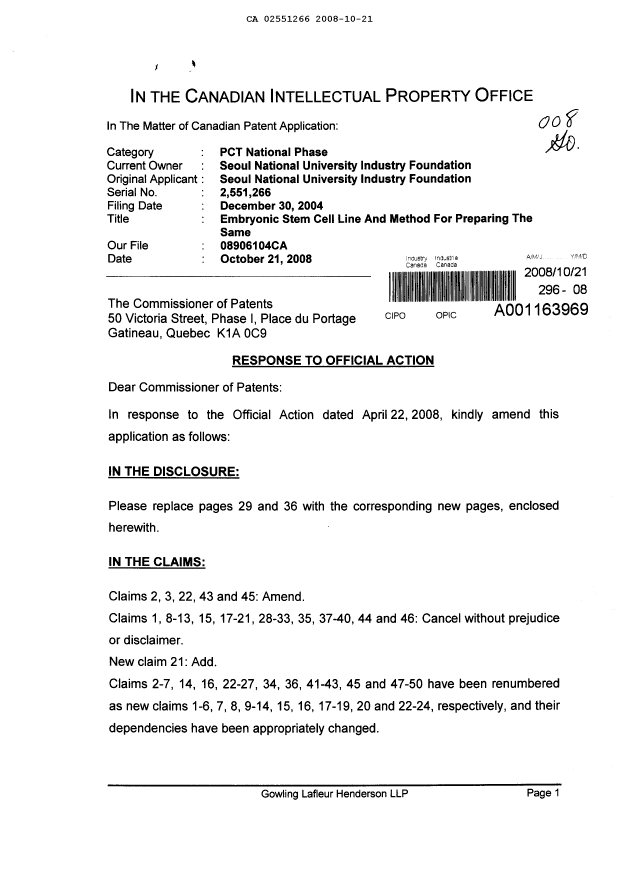 Canadian Patent Document 2551266. Prosecution-Amendment 20081021. Image 1 of 22