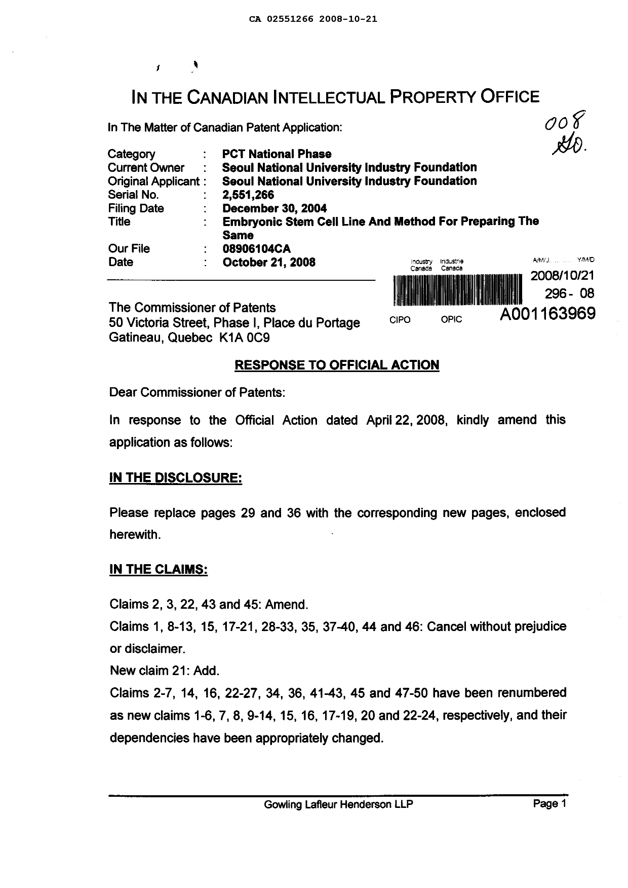 Canadian Patent Document 2551266. Prosecution-Amendment 20081021. Image 1 of 22