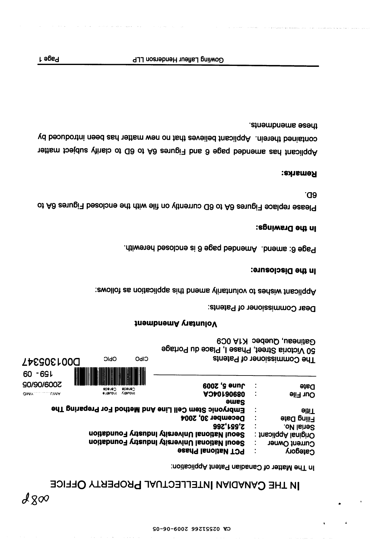 Canadian Patent Document 2551266. Prosecution-Amendment 20081205. Image 1 of 7
