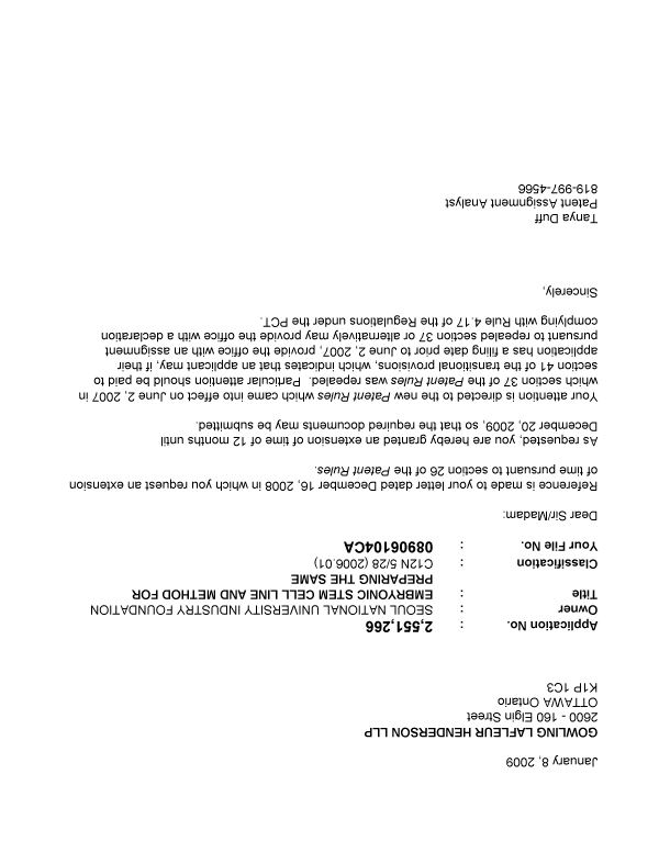 Document de brevet canadien 2551266. Correspondance 20081208. Image 1 de 1