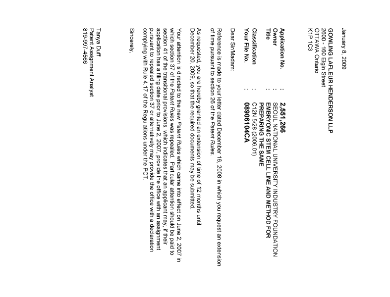 Document de brevet canadien 2551266. Correspondance 20081208. Image 1 de 1