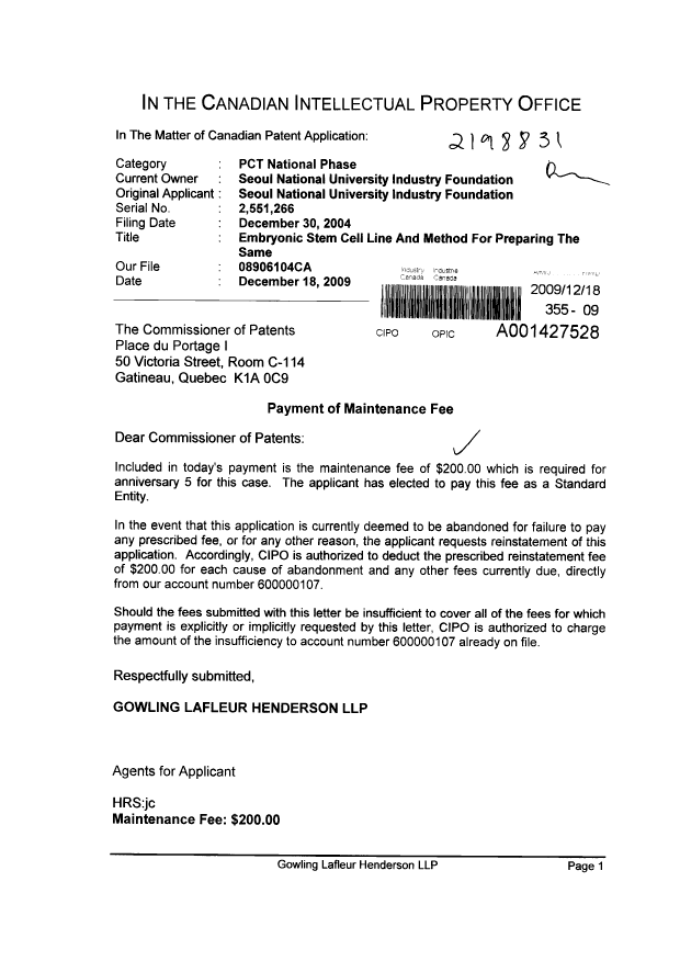 Document de brevet canadien 2551266. Taxes 20081218. Image 1 de 1