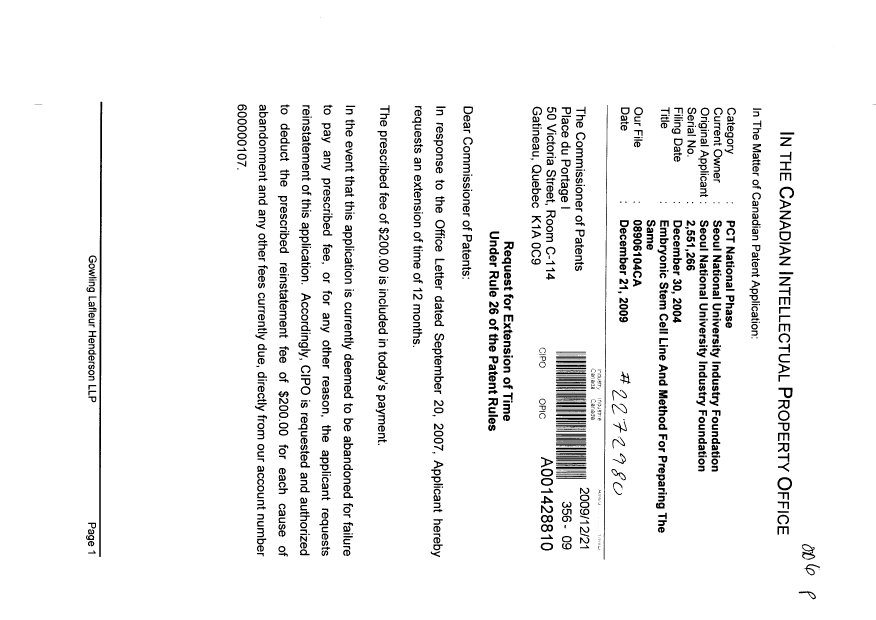 Document de brevet canadien 2551266. Correspondance 20081221. Image 1 de 2