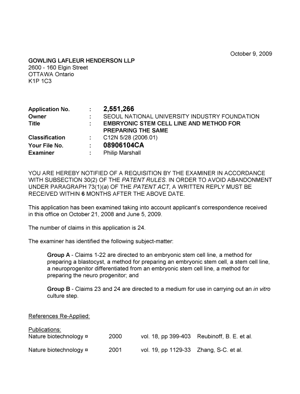 Document de brevet canadien 2551266. Poursuite-Amendment 20091009. Image 1 de 3