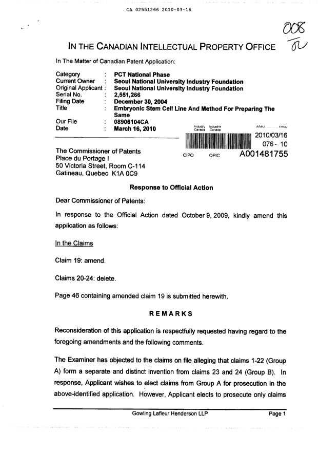 Canadian Patent Document 2551266. Prosecution-Amendment 20091216. Image 1 of 3